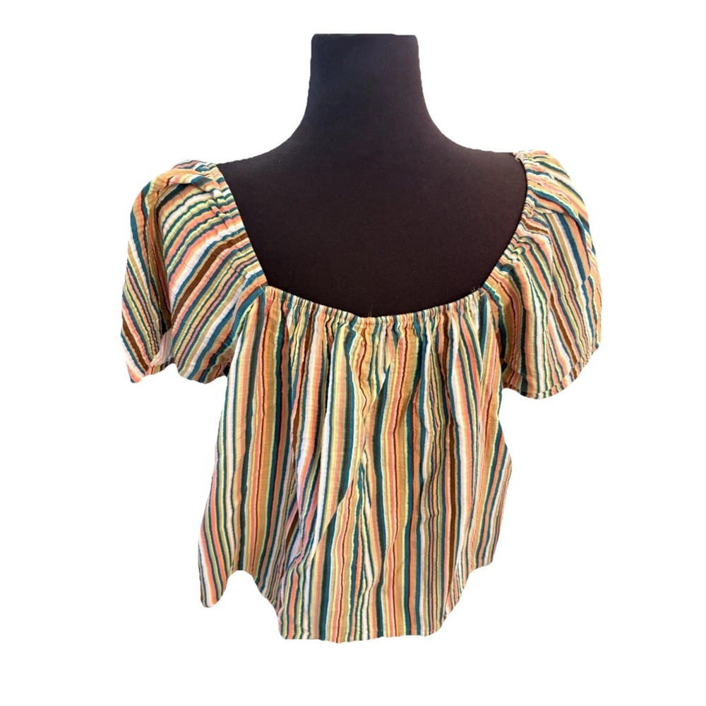 Joyspun Striped Women's Cotton Boho, Cottagecore Peasant Short Sleeve Top Sz XL